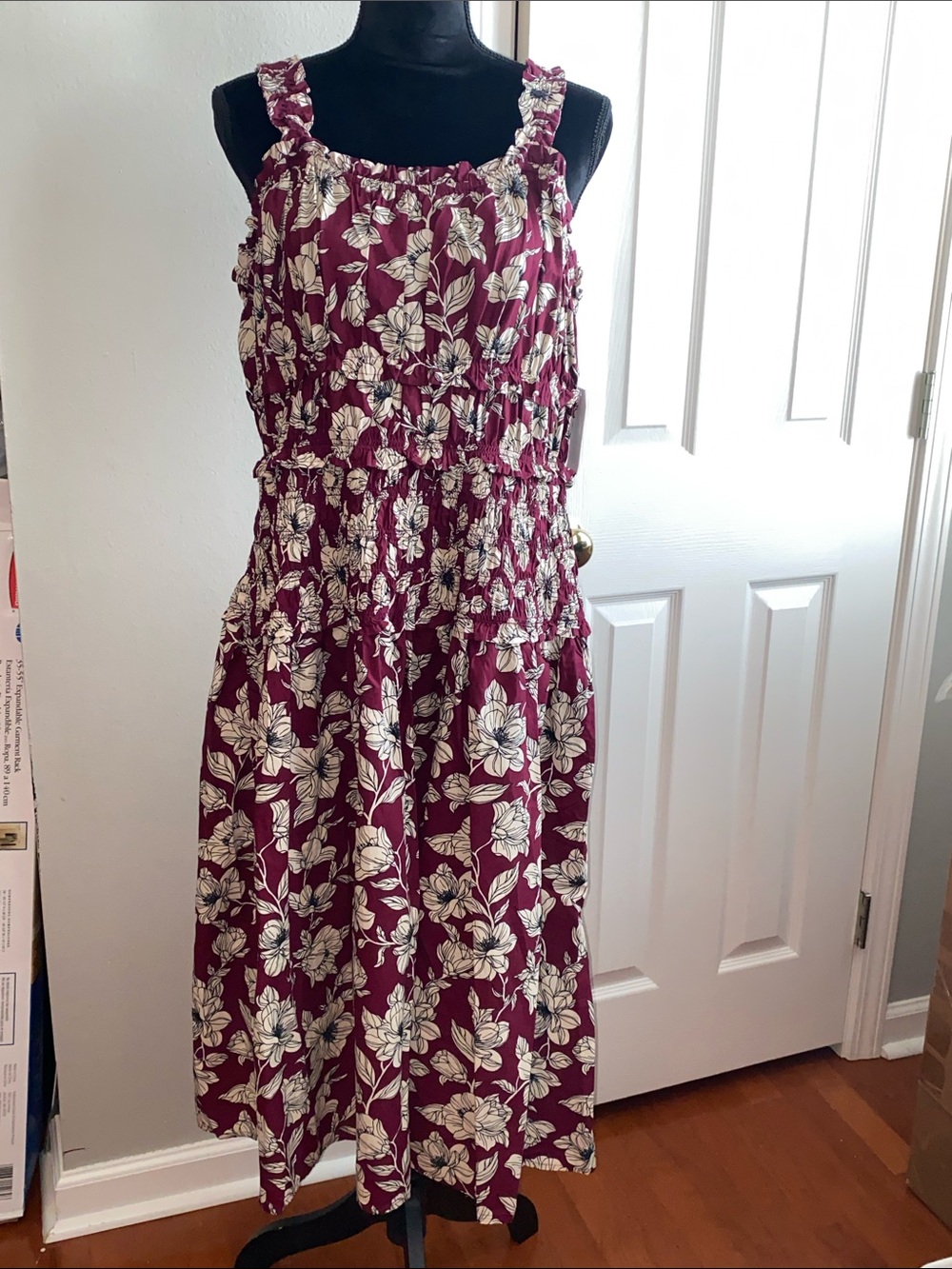 Time and Tru Burgundy Floral Midi Dress with Ruffle Straps